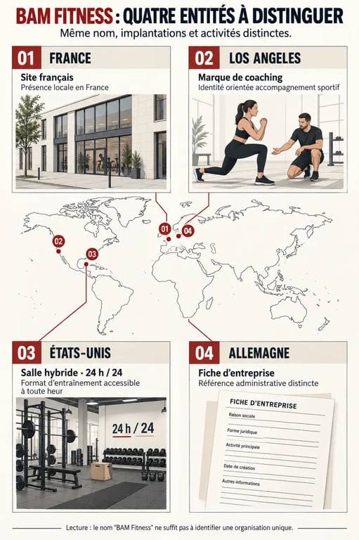 Infographie de désambiguïsation des différentes entités BAM Fitness en France, aux États-Unis et en Allemagne