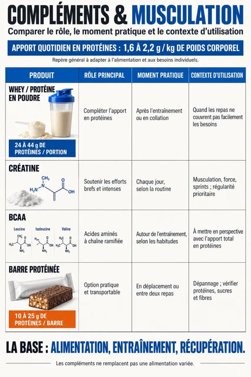 Infographie des compléments alimentaires muscu : whey, créatine, BCAA et barres protéinées