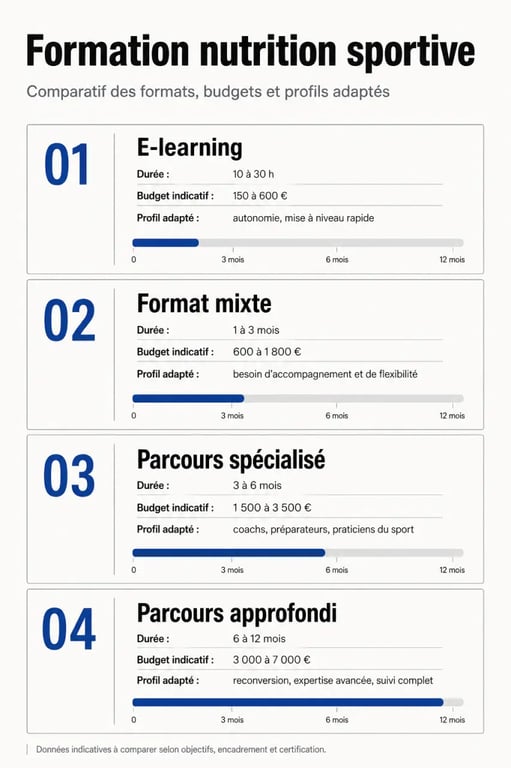 Formation nutrition sportive : comparaison visuelle des formats, durées, budgets et profils adaptés