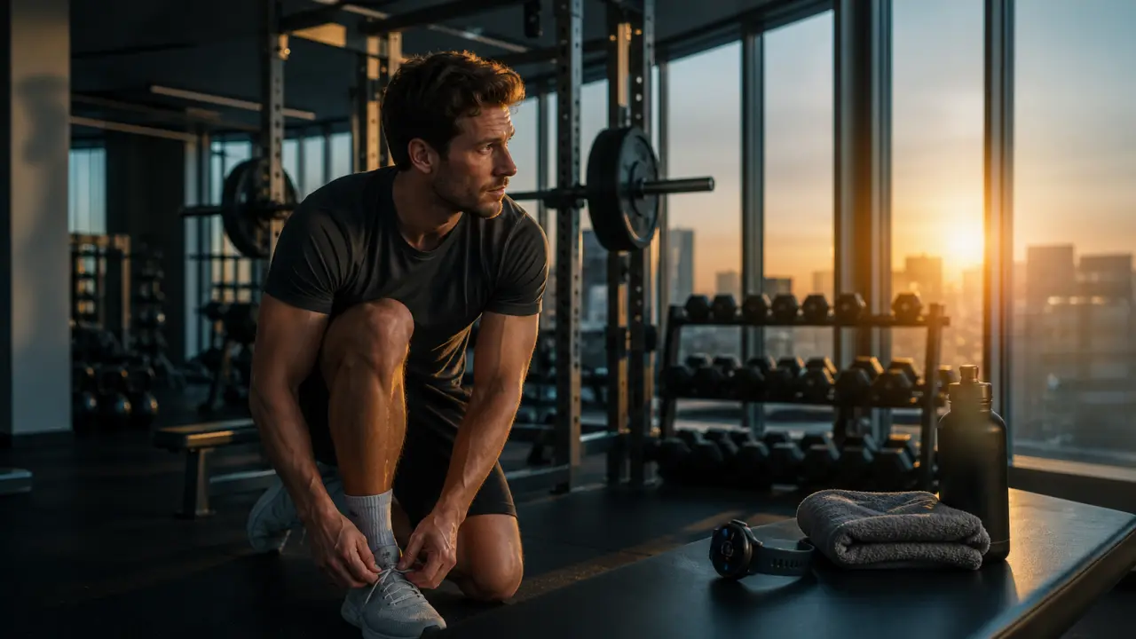 Athlète en studio sombre avec éclairage doré dramatique, évoquant la musculation et le rythme du temps