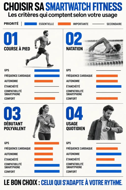 Infographie pour choisir une smartwatch fitness selon son profil et ses usages
