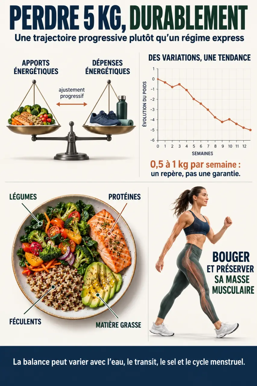 Infographie pour perdre 5 kg progressivement avec alimentation rassasiante, activité physique et suivi de la tendance du poids