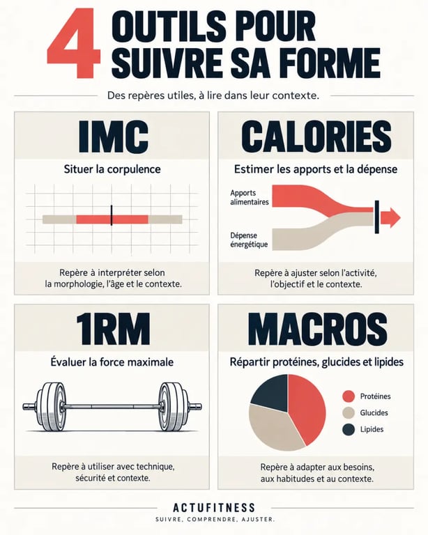Actufitness : infographie des outils de suivi fitness IMC, calories, 1RM et macros