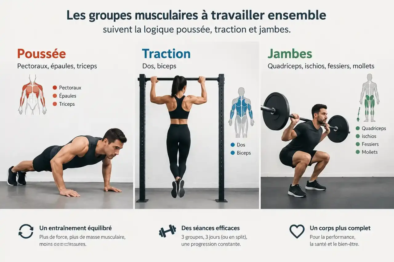 Les groupes musculaires à travailler ensemble suivent la logique poussée, traction et jambes