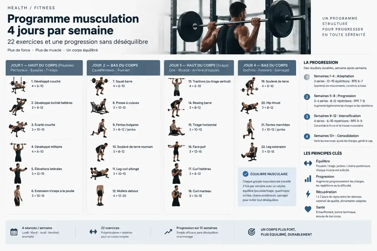 Programme musculation 4 jours par semaine PDF : 22 exercices et une progression sans déséquilibre