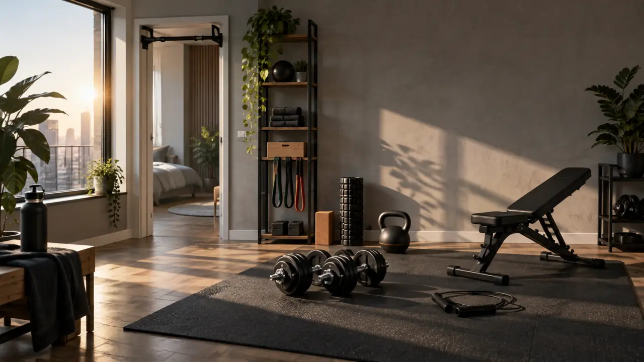 Home gym minimaliste avec haltères, élastiques et banc de musculation