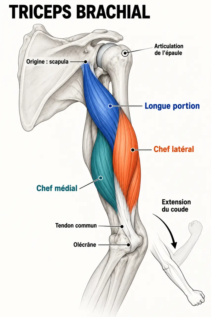 Schéma anatomique du long tricep et des trois chefs du triceps brachial