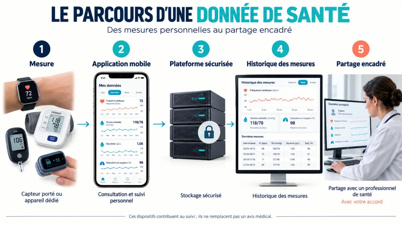 Schéma du fonctionnement des objets connectés santé, du capteur au partage des données avec le professionnel