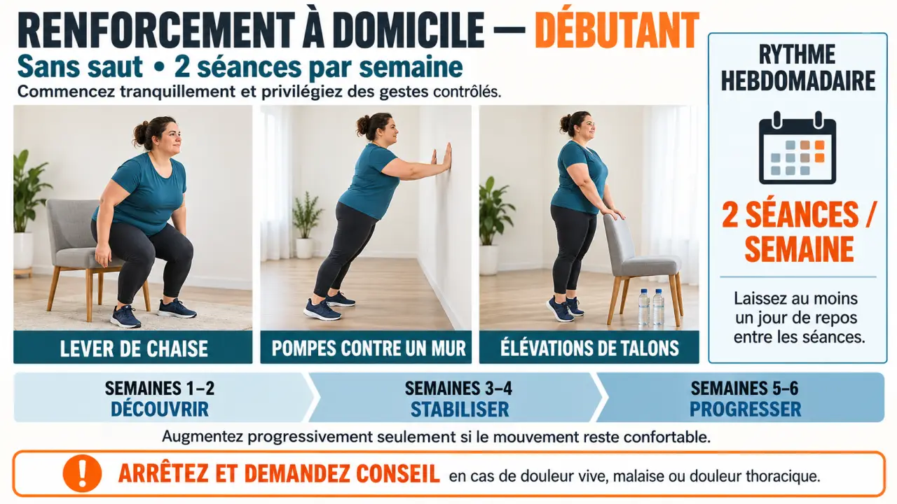 Programme musculation pour obèse en PDF : exercices sans saut, progression sur six semaines et consignes de sécurité