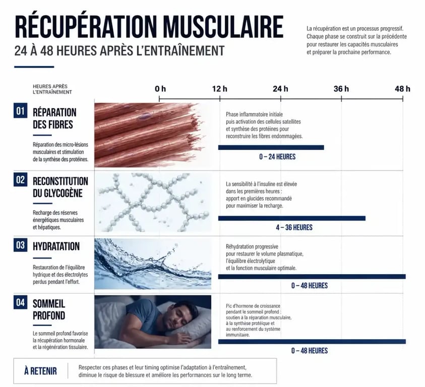 Frise de récupération musculaire sur 24 à 48 heures après l'entraînement