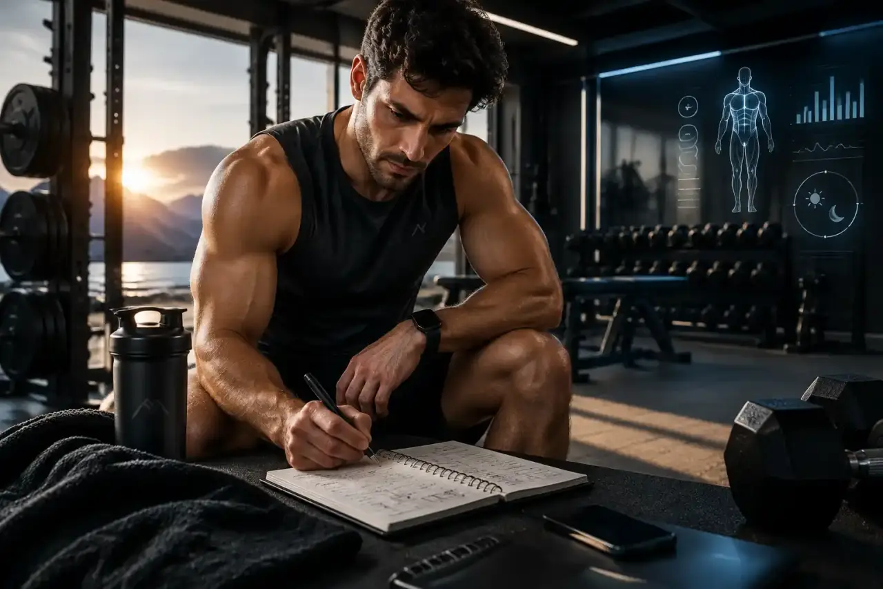 Débutant réalisant un entraînement de musculation dans une salle sombre et premium