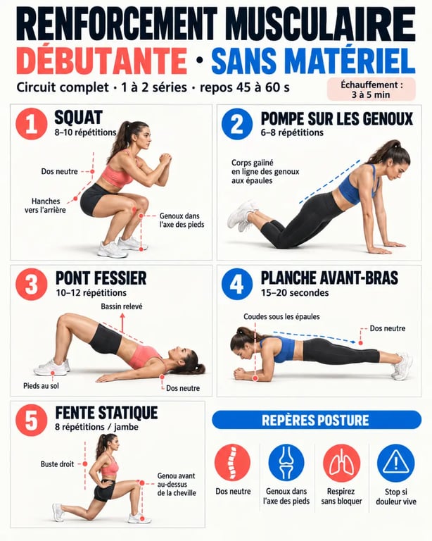 Renforcement musculaire femme débutante : cinq exercices sans matériel