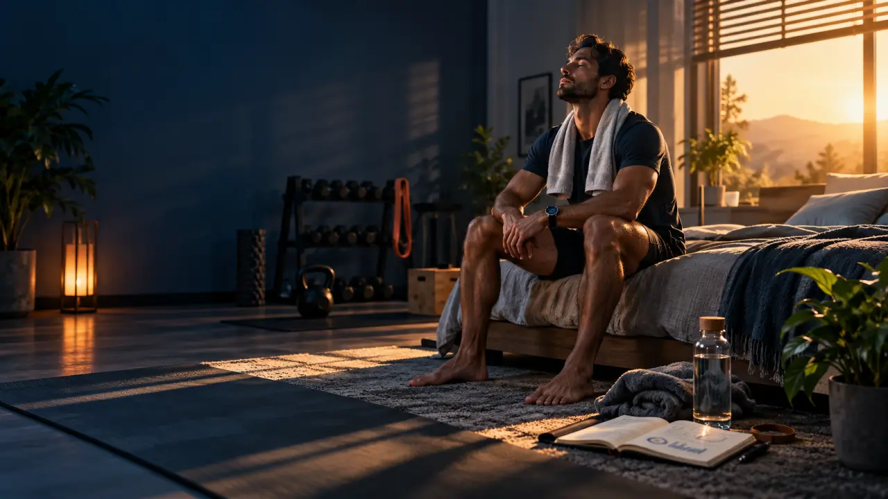 Athlète récupérant dans une ambiance sombre et élégante après un entraînement