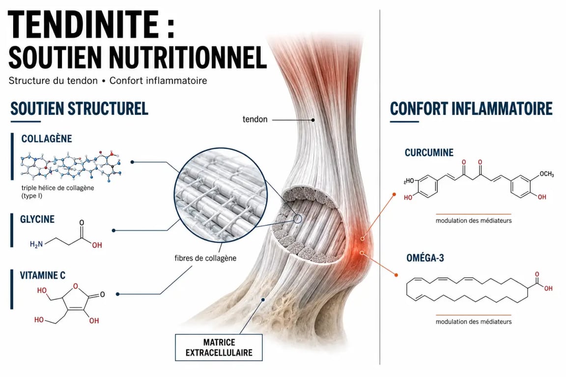 Complément alimentaire tendinite : illustration éditoriale des actifs utiles pour soutenir le tendon
