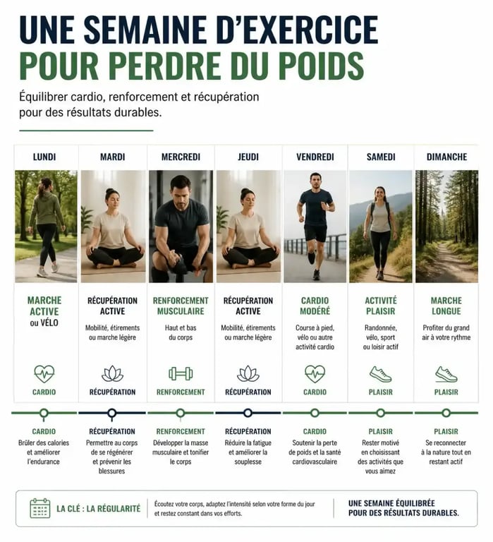 Exercice perte de poids : exemple de semaine combinant marche, cardio et renforcement musculaire