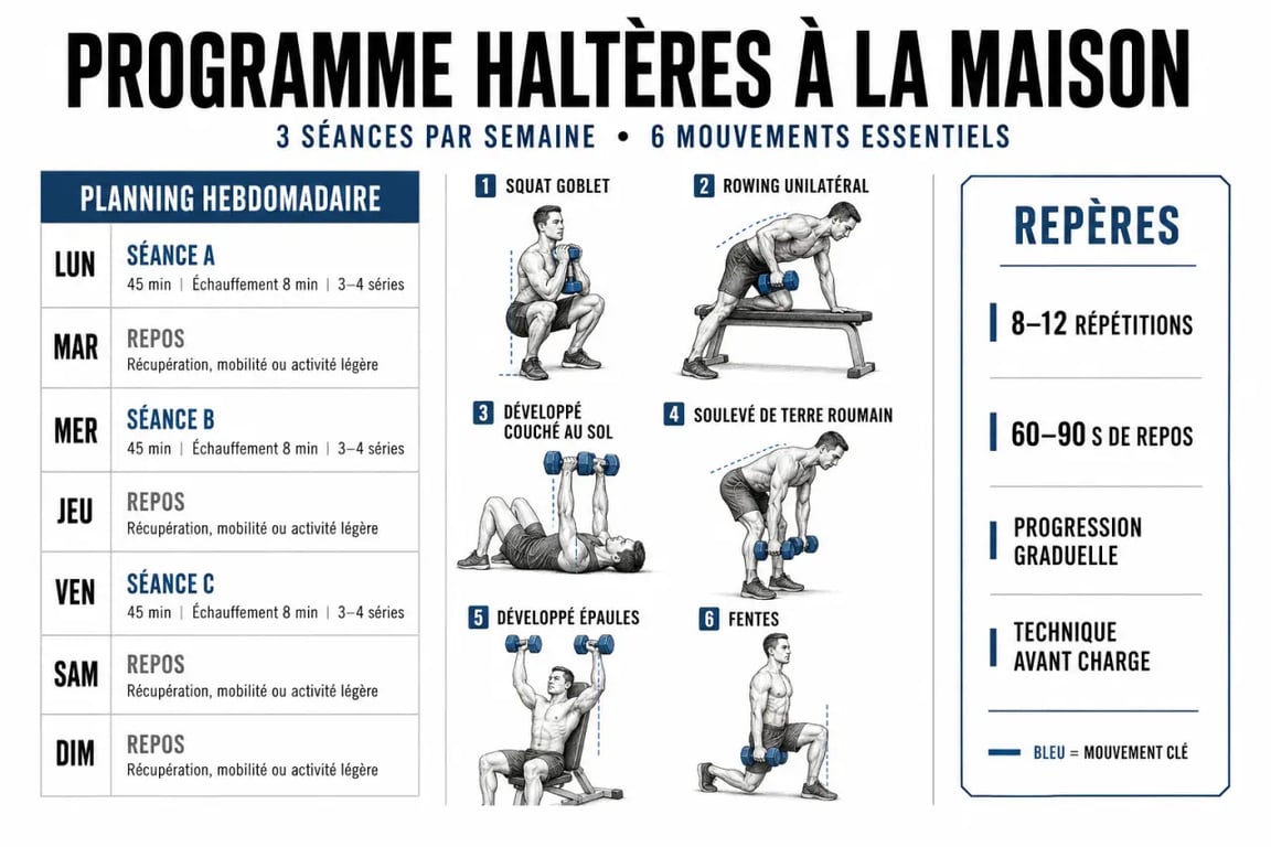 Programme musculation haltère : planning de 3 séances et principaux exercices illustrés