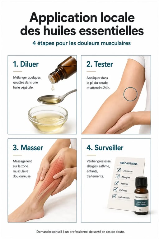 Douleurs musculaires huile essentielle : protocole d'application avec dilution et précautions