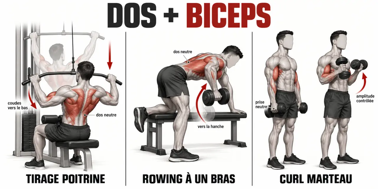 Illustration des principaux exercices d’une séance dos biceps avec tirage poitrine, rowing à un bras et curl marteau