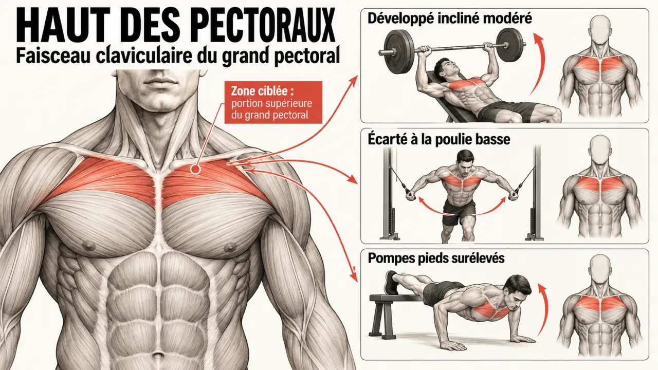 Schéma anatomique des exercices haut pecs et du faisceau claviculaire du grand pectoral