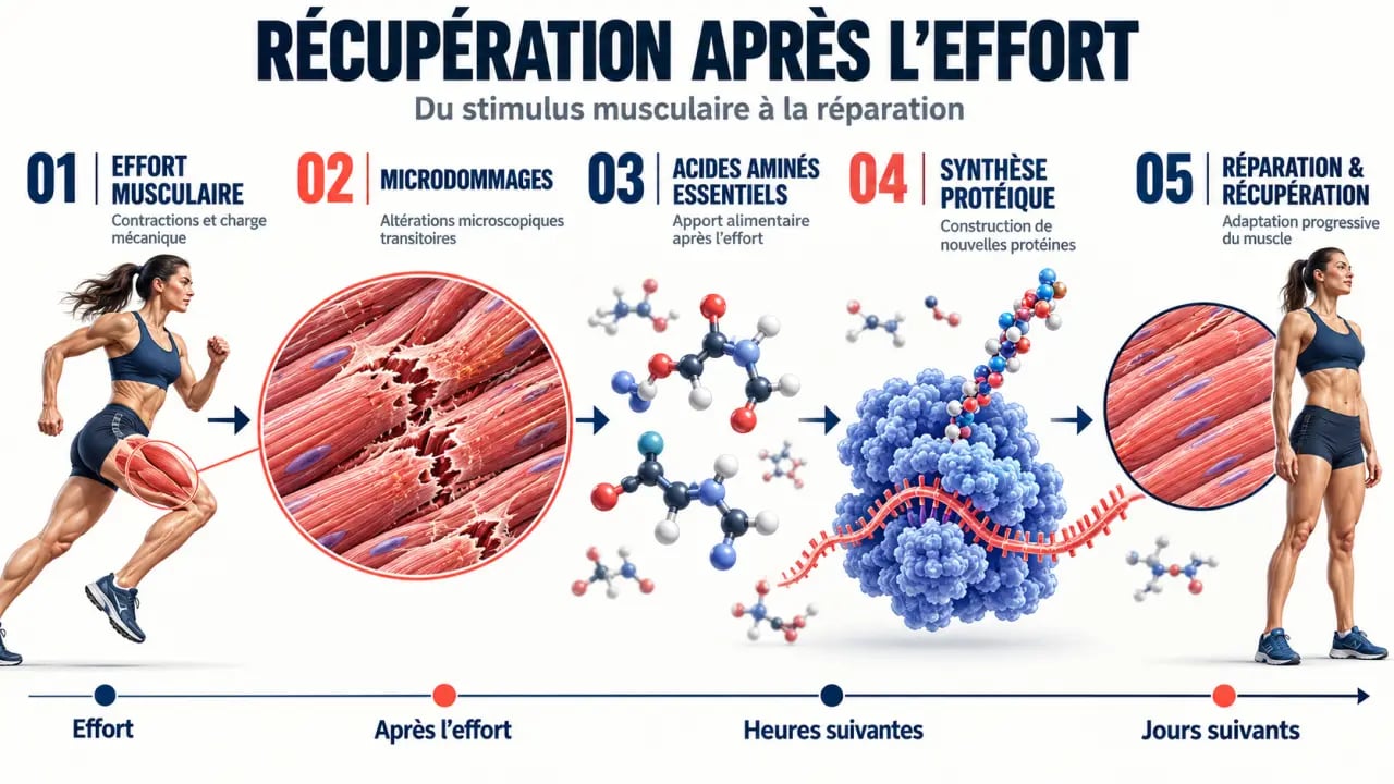 Schéma expliquant le rôle des protéines après le sport dans la récupération musculaire
