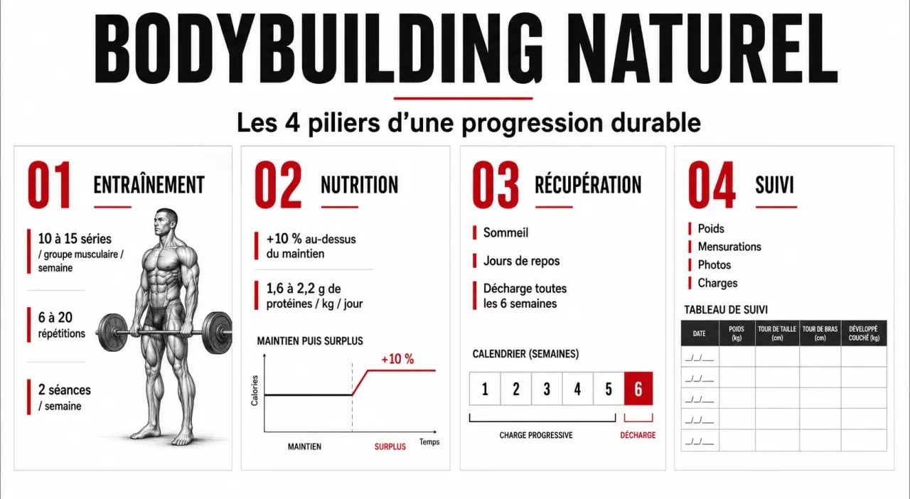 Bodybuilding naturelle : infographie des 4 piliers pour progresser sans dopage