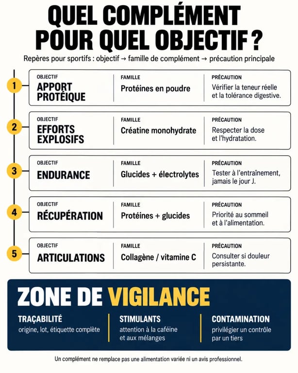 Infographie sur le complément alimentaire pour sportif selon l’objectif et les précautions de sécurité