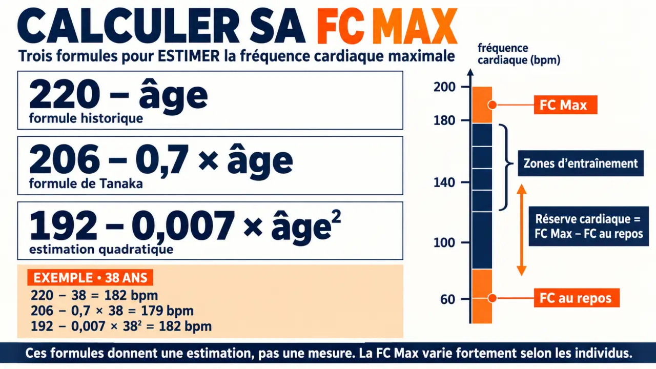 Infographie pour calculer FC Max avec les principales formules, la réserve cardiaque et les zones d’entraînement