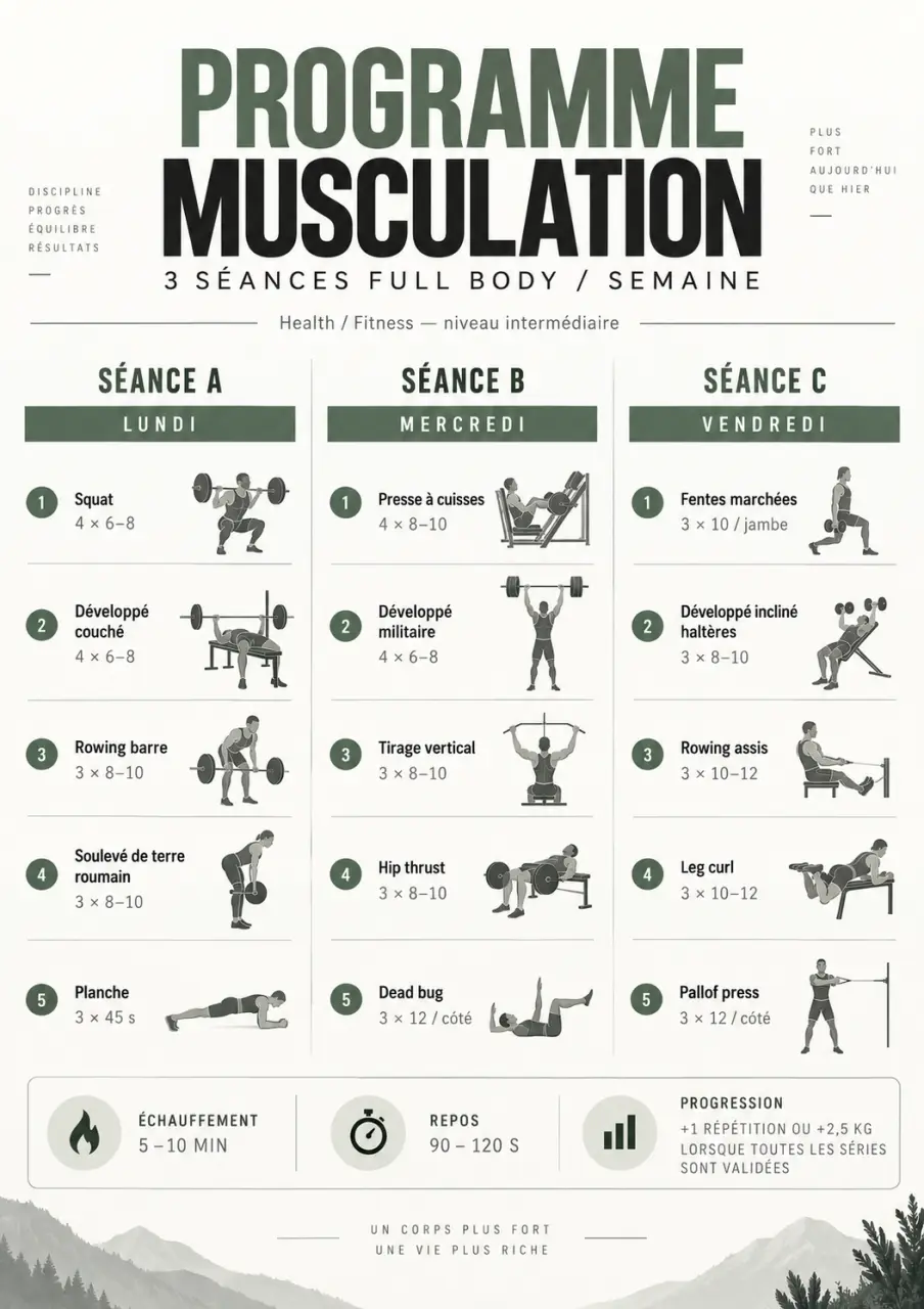 Programme de musculation 3 fois par semaine : 3 séances full body à imprimer
