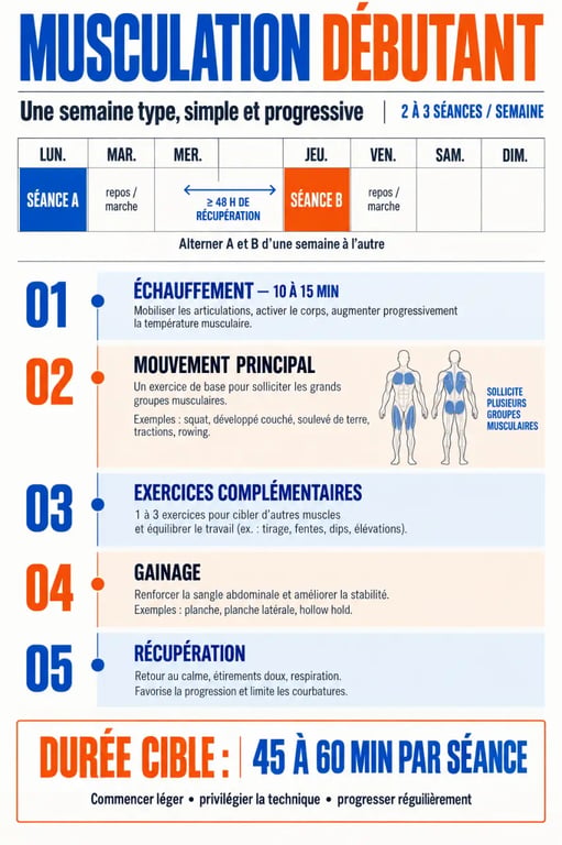 Programme de musculation débutant : semaine type et structure d’une séance