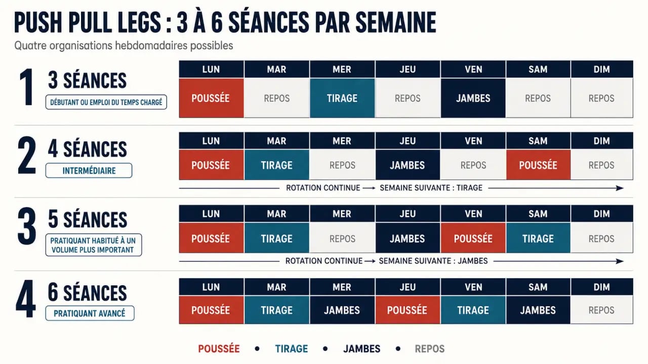 Organisation hebdomadaire du programme Push Pull Legs sur 3 à 6 séances