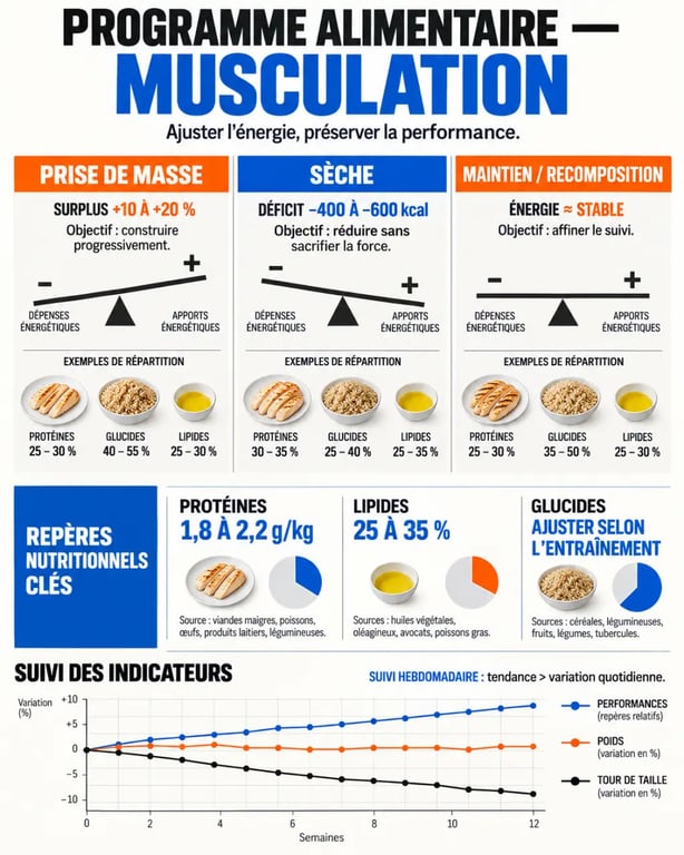Programme alimentaire musculation : infographie des calories et macronutriments selon l’objectif