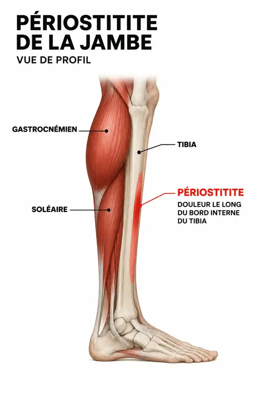 Schéma anatomique de la jambe pour comprendre les étirements en cas de périostite : tibia, gastrocnémien, soléaire et zone douloureuse