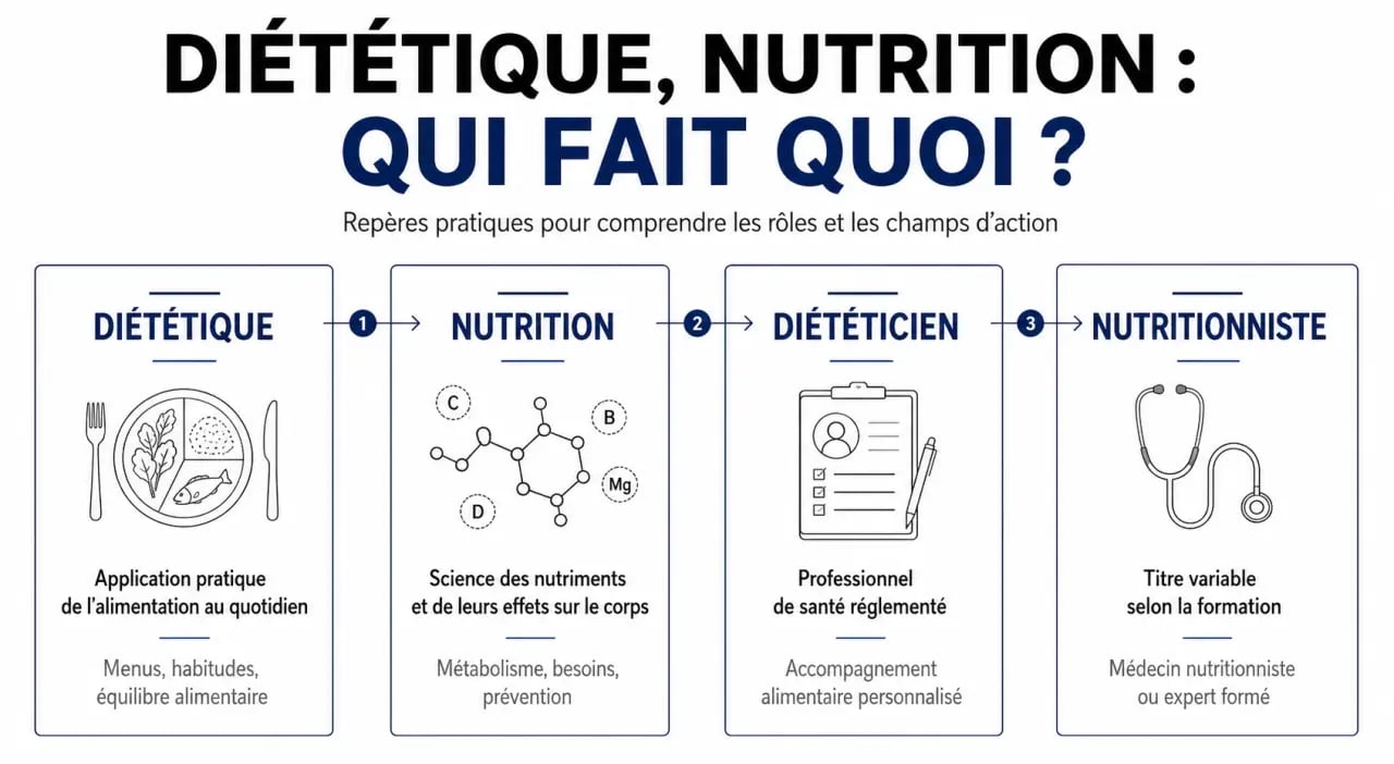 Infographie diététique comparant diététique, nutrition, diététicien et nutritionniste