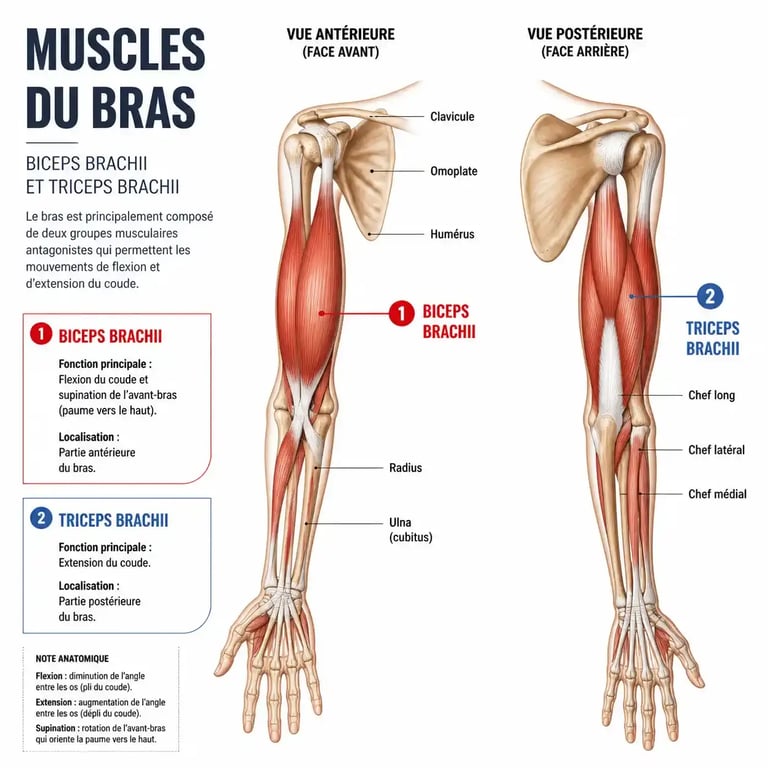Schéma anatomique des muscles du bras pour la musculation des biceps et triceps