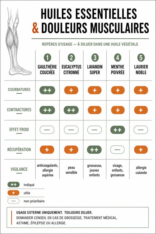 Douleurs musculaires huile essentielle : tableau comparatif des huiles essentielles selon le type de douleur