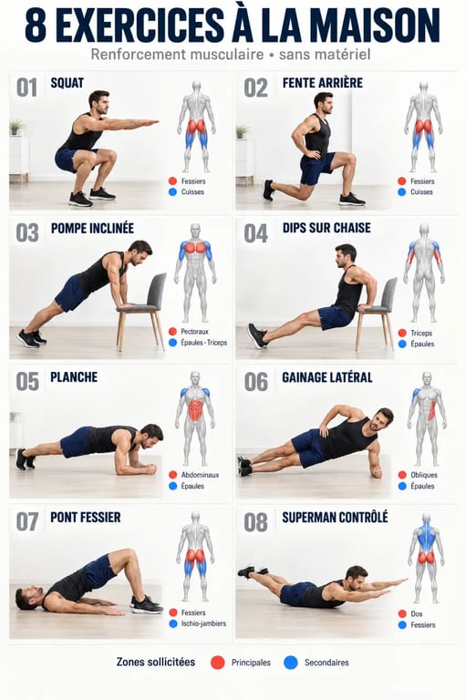Renforcement musculaire à la maison : huit exercices au poids du corps