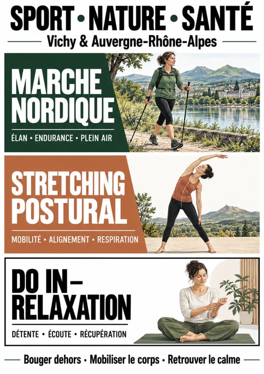 Infographie sur le sport nature santé et les activités de marche nordique, stretching postural et relaxation