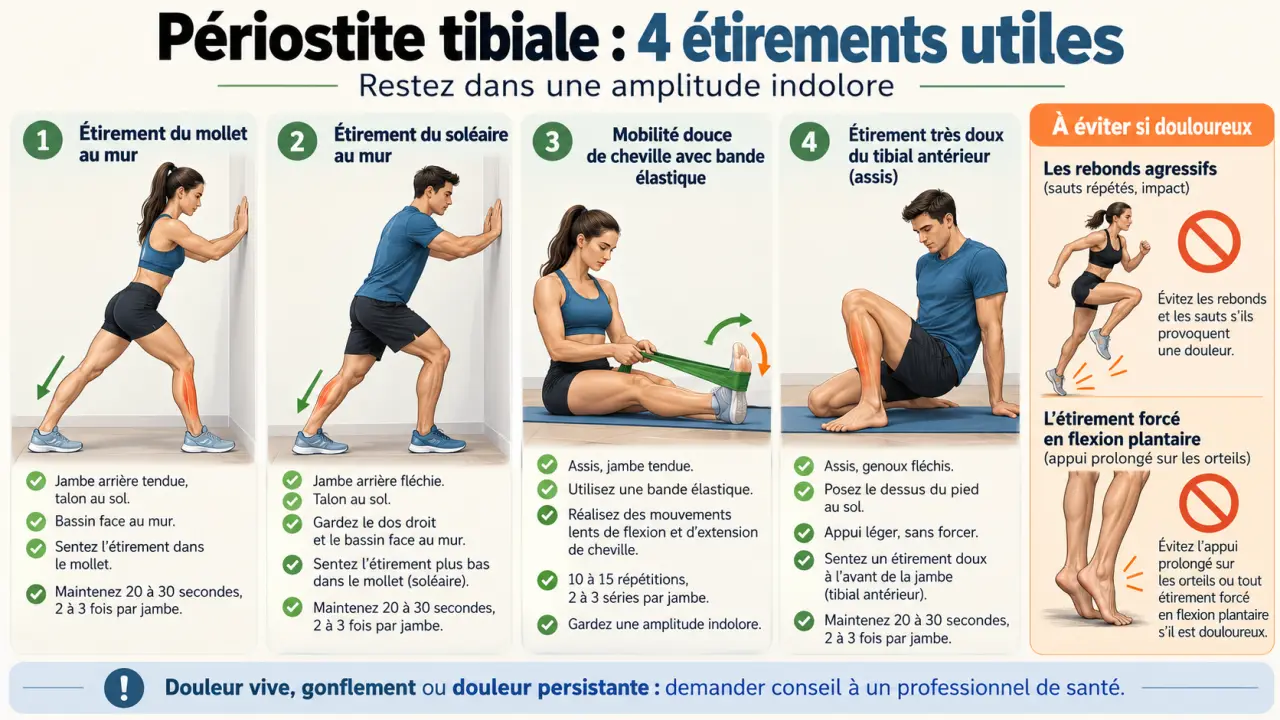 Étirements pour périostite tibiale : 4 mouvements utiles et ceux qui aggravent la douleur