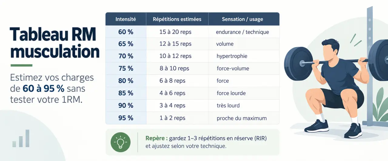 Tableau RM musculation : vos charges de 60 à 95 % sans tester votre maximum