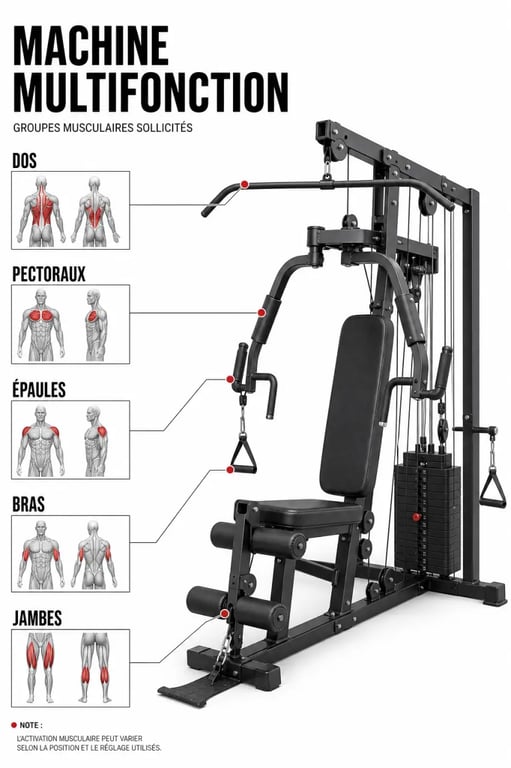 Machine de musculation multifonction avec muscles sollicités mis en évidence