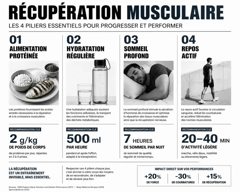 Les piliers de la récupération musculaire : alimentation, hydratation, sommeil, repos actif