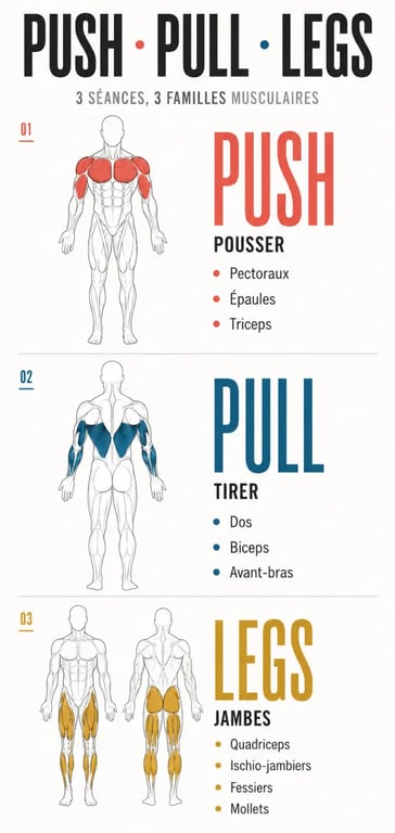 Infographie du programme Push Pull Legs et des muscles travaillés