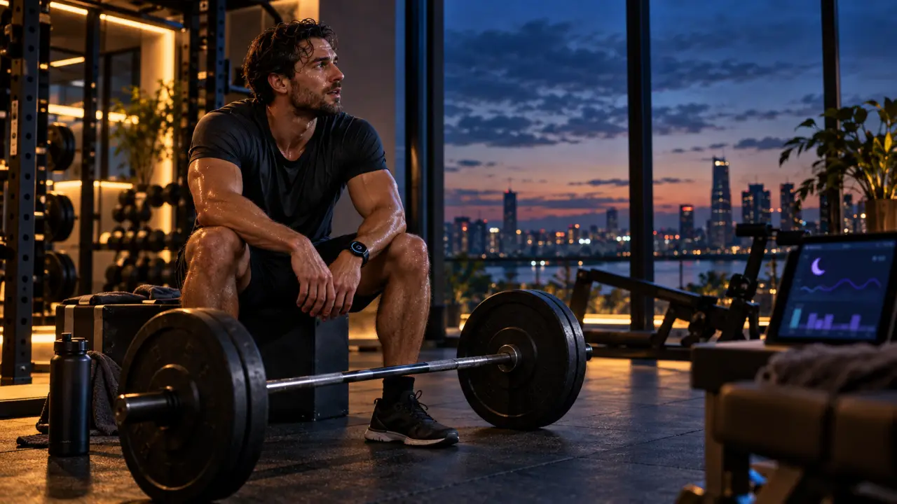 Athlète s’entraînant à la musculation en début de soirée dans une salle sombre et premium