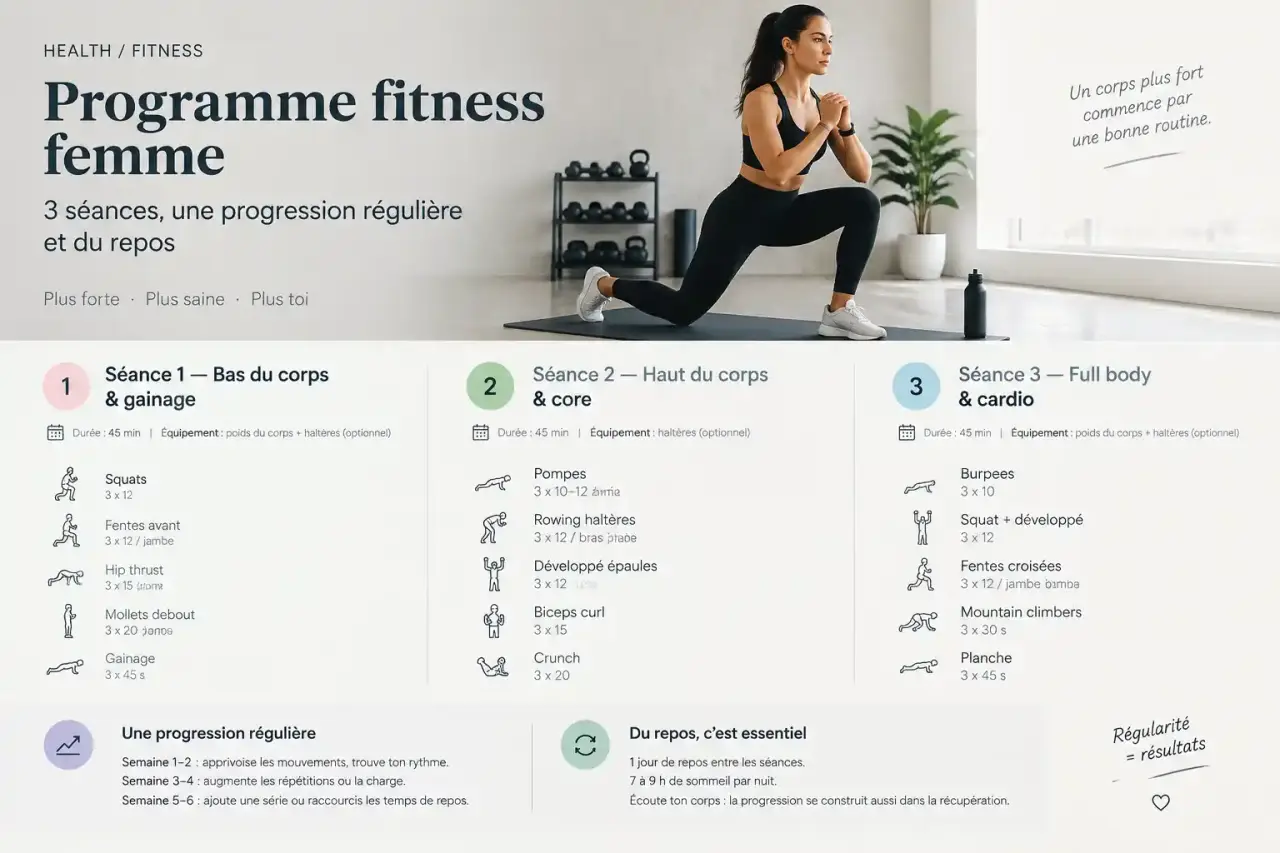 Programme fitness femme : 3 séances, une progression régulière et du repos